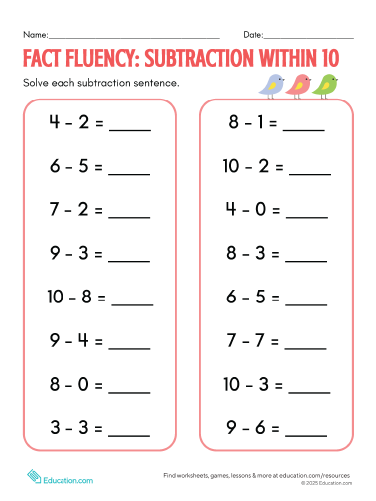 Fact Fluency: Subtraction Within 10