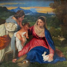 A painting of two women. One is holding a baby out to the other woman. The other woman is holding onto a small, white rabbit. There is a full landscape in the background, as well as a lifelike texture to the clothing.