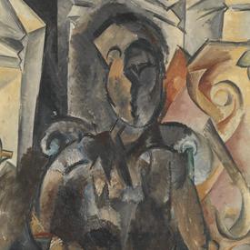 A black, grey, and brown abstract painting of a woman. There is the impression of a woman's face, but the details are not specific or lifelike.