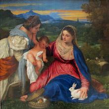A painting of two women. One is holding a baby out to the other woman. The other woman is holding onto a small, white rabbit. There is a full landscape in the background, as well as a lifelike texture to the clothing.