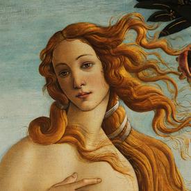 A painting of a woman. She is painted to look beautiful and perfect, with much detail given to her face and hair.