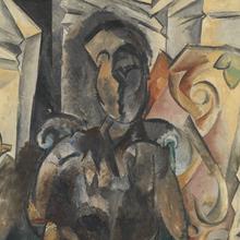 A black, grey, and brown abstract painting of a woman. There is the impression of a woman's face, but the details are not specific or lifelike.