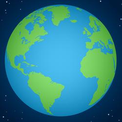 A circle representing planet Earth. Most of the circle is blue, but some parts are green.
