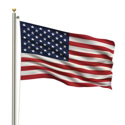 A flag with 13 red and white horizontal stripes. In the upper-left-hand corner, there is a blue rectangle. On the rectangle, there are 50 small stars.