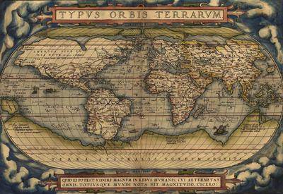 A world map made in 1570. Many major parts of the world are depicted, including North America, South America, Europe, Asia, Africa, and the Middle East.