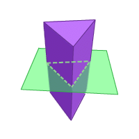 A plane cutting through a triangular prism. The plane is parallel to the triangular bases.