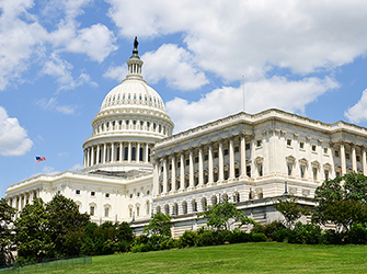 This is a large white building. There are many pillars around the building. There is a large dome with a statue on top.