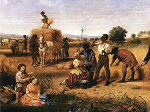 Figures working in a field with horses.