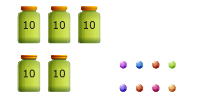 5 jars and 8 marbles. Each jar has the number 10 written on it.