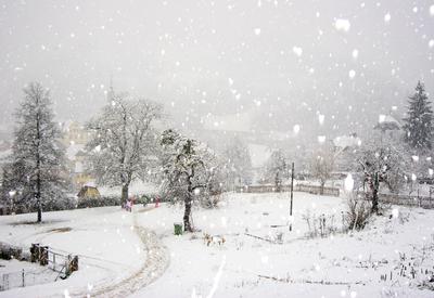 snow falling on a field and houses