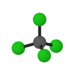 A model of a molecule containing one ball labeled C and four balls labeled Cl.
