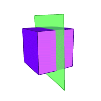 A plane cutting through a cube. The plane is perpendicular to the square bases.