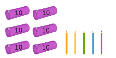 6 pouches and 5 colored pencils. Each pouch has the number 10 written on it.